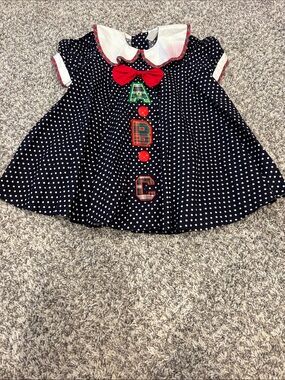 Vintage Peaches & Cream Navy Polka Dot ABC Bow Trim Kids Dress